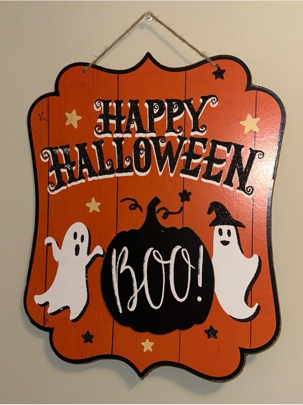 Happy Halloween Orange Hanging Sign with White Ghosts